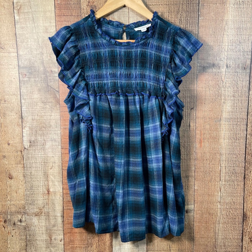 BeachLunchLounge Lori Plaid Smocked Ruffle Flutter Sleeve Tunic Top Large
